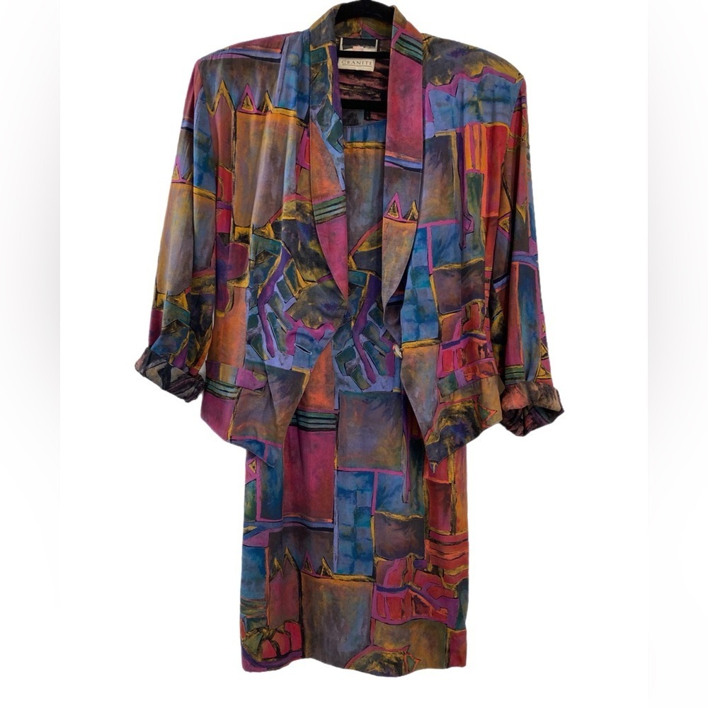 Granite vintage earth tones abstract print sleeveless sheath mini dress & blazer